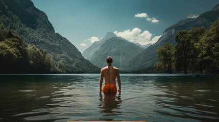 a man in swimming trunks stands in the water of a lake up to his stomach.