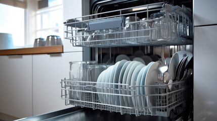Open dishwasher with clean dishes in kitchen