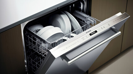Open dishwasher with clean dishes in kitchen