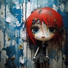 Distressed mixed-media crafted doll with red hair fused with matching urban wall with graffiti and paint splash in a derelict urban street, great fine art album cover that is unusual - generative AI