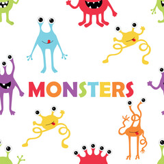 Fototapeta premium Seamless pattern of cute monsters on white background. Vector childish funny doodle illustration.