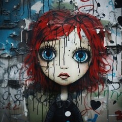 Distressed mixed-media crafted doll with red hair fused with matching urban wall with graffiti and paint splash in a derelict urban street, great fine art album cover that is unusual - generative AI