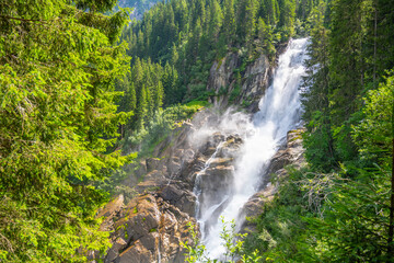 Krimml Waterfalls on sunny summer day. High Tauern National Park, Austrian Alps, Austria