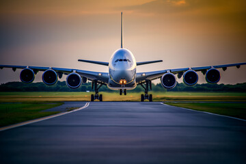 Fototapeta na wymiar Airline Airbus, aeroplane on airport runway, airplane is flying over a runway