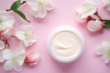 open jar of face cream with apple blossom flowers on a pastel pink background, flat lay