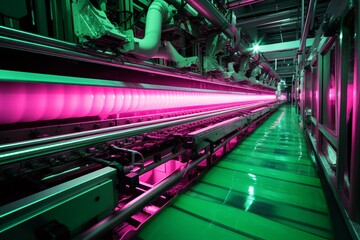 cutting-edge manufacturing line enveloped in a serene, cool green atmosphere. The machinery, smooth and precise, contrasts sharply with bursts of bright pink, a result of long exposure capturing the r