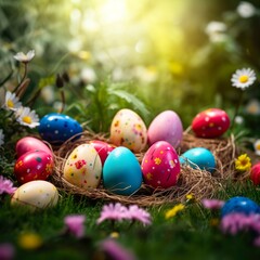 Fototapeta na wymiar Easter colored eggs natural background, Generate Ai