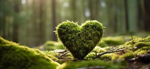 Heart shaped piece of moss sitting on top of moss covered ground. - obrazy, fototapety, plakaty