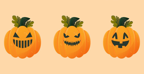 vector cartoon illustration of a pumpkin with various expressions.hallowen theme