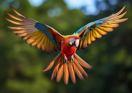 Scarlet macaw flying in nature