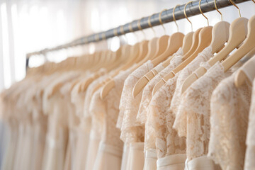 Beautiful elegant luxury bridal dress on hangers. Different wedding dresses hanging on hanger in bridal shop boutique salon. Closeup