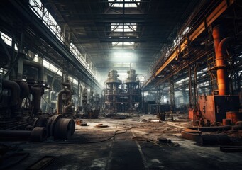 abandoned factory interior of an abandoned factory with pipes and rusty metal structures
