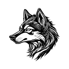 cartoon wolf dog canine fox  head in style of linocut engraving, woodcut, black and white, white background.