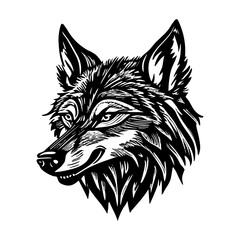 cartoon wolf dog canine fox  head in style of linocut engraving, woodcut, black and white, white background.