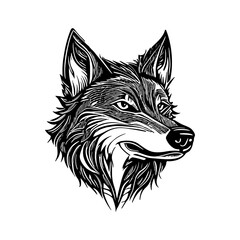 cartoon wolf dog canine fox  head in style of linocut engraving, woodcut, black and white, white background.