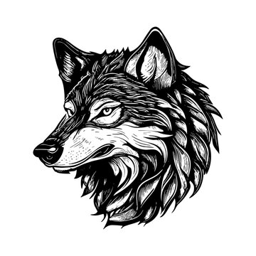 cartoon wolf dog canine fox  head in style of linocut engraving, woodcut, black and white, white background.