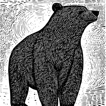 illustration of bear standing on the ground in style of linocut engraving, woodcut, black and white, white background.