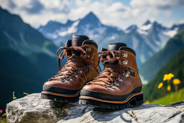 The spirit of adventure embodied in rugged leather hiking boots poised against a breathtaking mountainous horizon