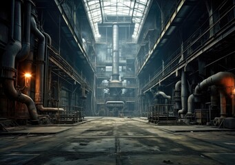 abandoned factory interior of an abandoned factory with pipes and rusty metal structures - obrazy, fototapety, plakaty
