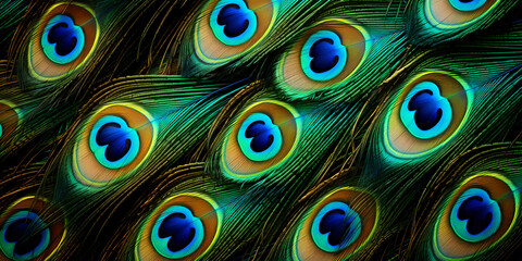 peacock feather texture, feather schemed background, closeup shot, panorama, blue, elegant, shallow arranged, Generative AI