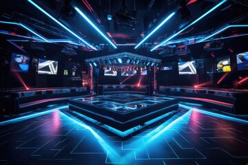 3D rendering of a futuristic dark room with neon lights. Futuristic background, A stylish modern nightclub setting with a sleek mode, AI Generated