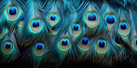 Obraz premium peacock feather texture, feather schemed background, closeup shot, panorama, blue, elegant, shallow arranged, Generative AI
