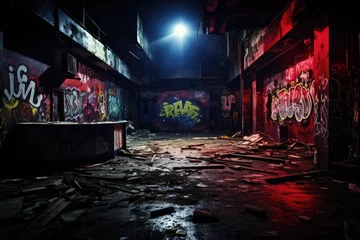 Foto auf Alu-Dibond Interior of an old abandoned industrial building with graffiti on the walls, A vivid haunting image of an abandoned nightclub. Dark, graffiti-covered walls frame the dimly lit space, AI Generated © Iftikhar alam