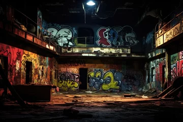 Tuinposter Abandoned factory building with many graffiti on the walls at night, A vivid haunting image of an abandoned nightclub. Dark, graffiti-covered walls frame the dimly lit space, AI Generated © Iftikhar alam
