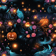Enchanted Halloween  seamless pattern with pumpkins, background, magical 