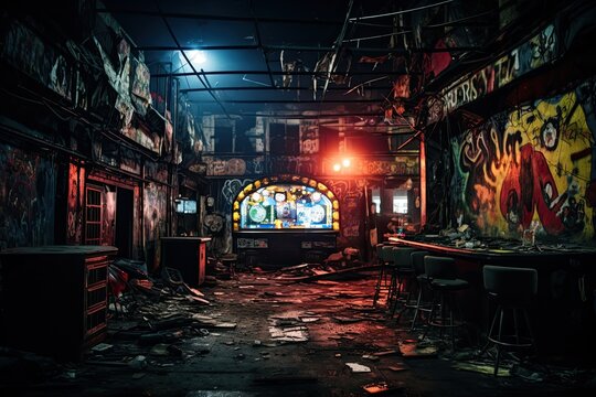 Abandoned factory interior at night with neon lights and graffiti. A vivid haunting image of an abandoned nightclub. Dark, graffiti-covered walls frame the dimly lit space, AI Generated