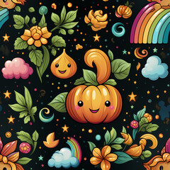 Obraz na płótnie Canvas Enchanted Halloween seamless pattern with pumpkins, background, magical 