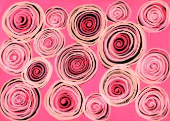 Abstract background of circles and swirls of different shades of pink. Different in size. Hand drawn. In some places black spots.