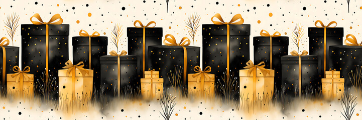 Christmas gifts seamless border pattern, black & yellow, artistic watercolor illustration to print cards, gift wrap paper, for scrapbooking paper, sales, vouchers, cards, fabric pattern
