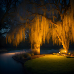 sunrise in the forest, luminescent golden branch willow, by the lake, made by AI