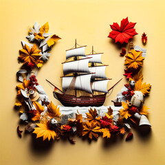 a picture of a ship in a wreath of leaves. columbus day celebration illustration