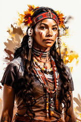 an indigenous woman wearing an ornate headdress and feather headband. Indigenous Peoples Day illustration
