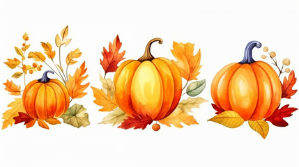 Set of autumn leaves and pumpkins in watercolor style