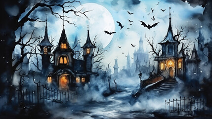 Fototapeta na wymiar Watercolor painting of mysterious halloween night in the city