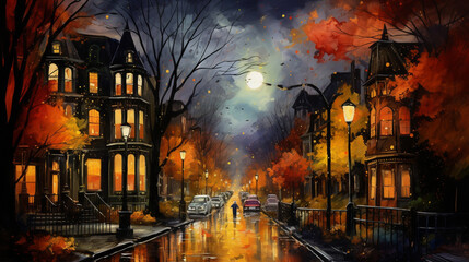 Watercolor painting of mysterious halloween night in the city