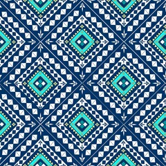 Ethnic fabric pattern, dark blue background.
