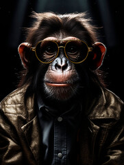 Chimpanzee in a jacket and glasses on a black background