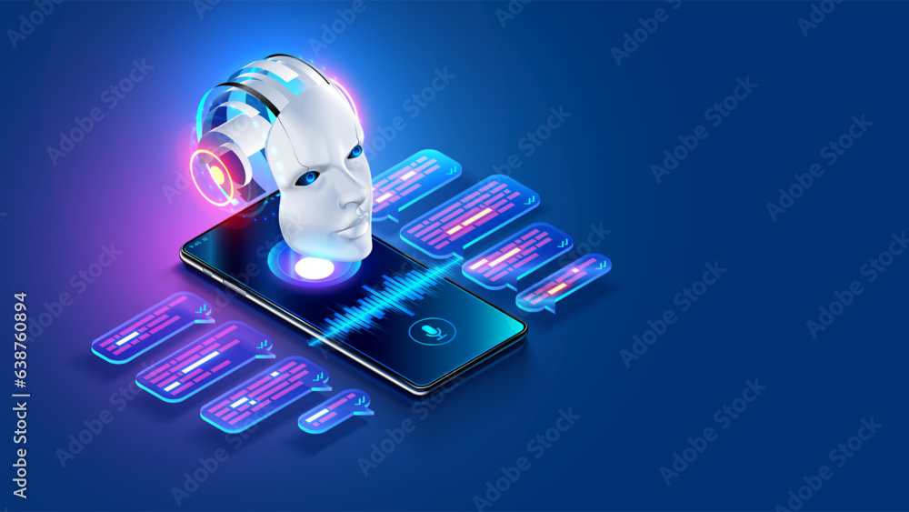 Aufkleber AI chat bot in image robot head hanging over screen phone. Mobile online AI chat bot talk through messenger with user. Abstract face of internet Chatbot with artificial intelligence chatting on phone.