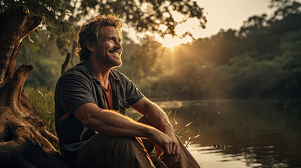 a man is sitting by the water with a smile.