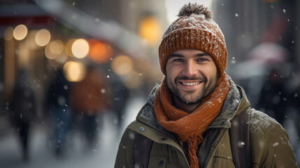 a man smiles in winter with a hat and scarf. - obrazy, fototapety, plakaty