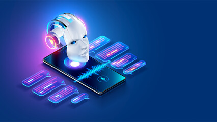 AI chat bot in image robot head hanging over screen phone. Mobile online AI chat bot talk through messenger with user. Abstract face of internet Chatbot with artificial intelligence chatting on phone.