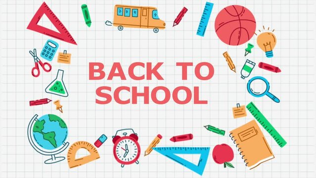 Animation of school supplies and creative study material elements on the background of a lined notebook sheet. Exciting journey of learning and discovery that awaits. Back to school concept.