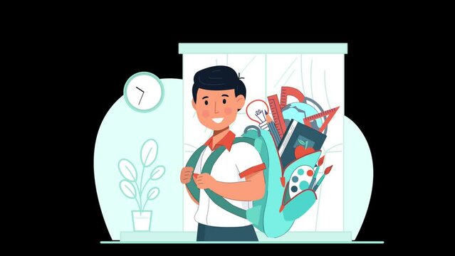 Animated illustration of young pupil with large school backpack filled with study materials, background with clock spinning. Back to school concept.