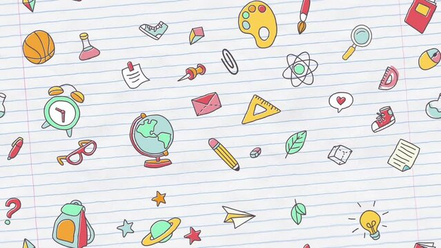 Animation of sliding school supplies and creative study material elements on the background of a notebook sheet. Exciting journey of learning and discovery that awaits. Back to school concept.