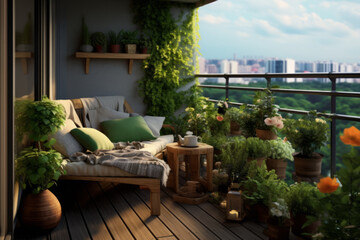 Beautiful terrace or balcony, urban garden concept