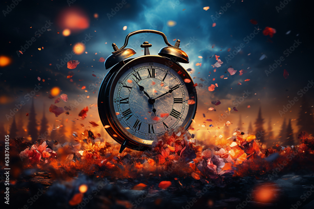 Aufkleber an artistic illustration of a clock transforming into a fireworks display at midnight, representing 